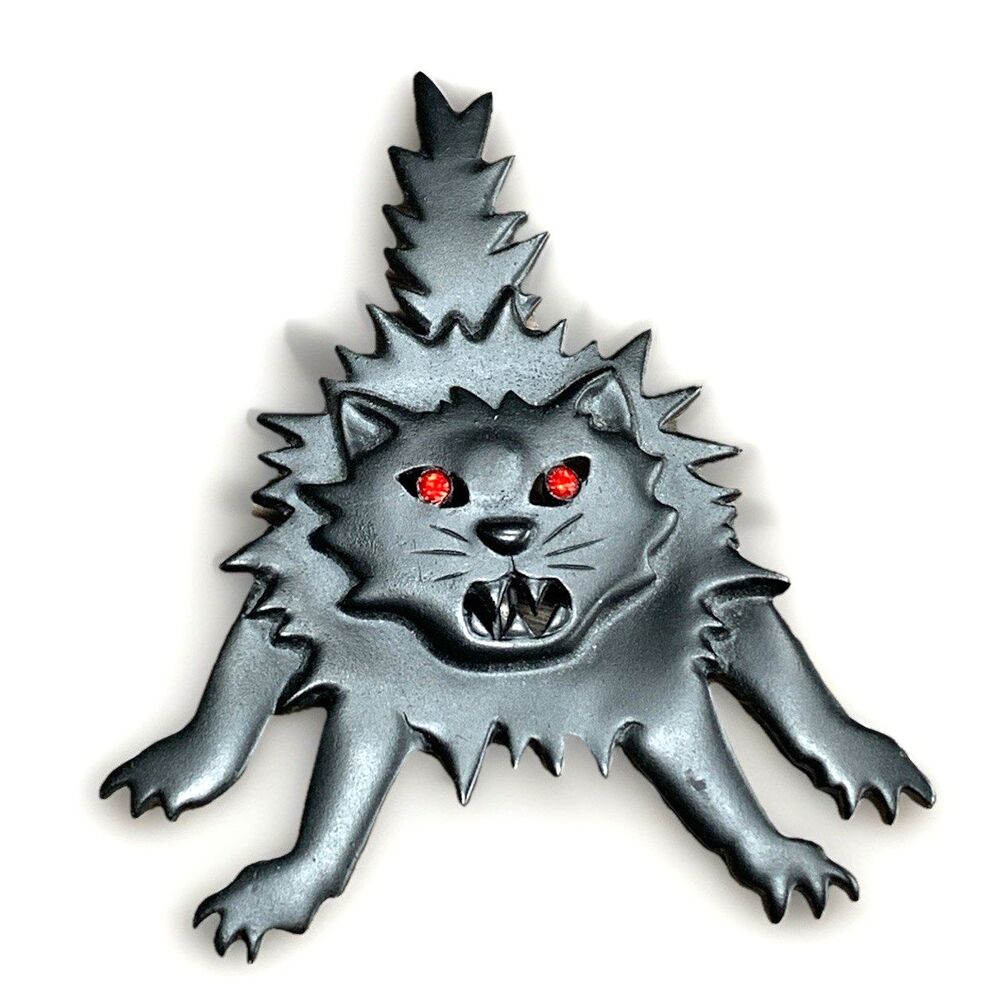 Vintage JJ Signed Pewter Rhinestone Halloween Scaredy Cat Brooch Pin Goth
